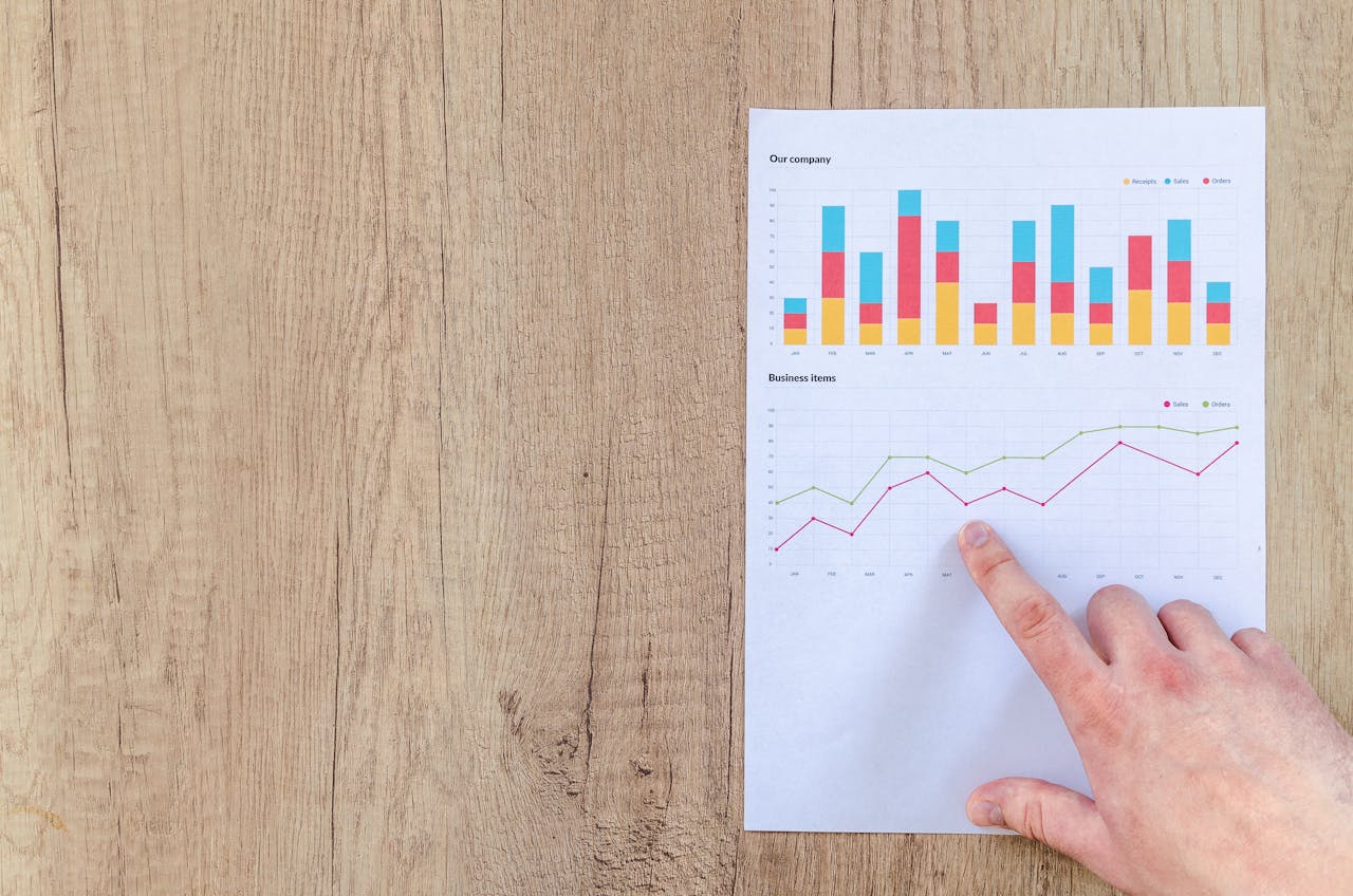 Home Hand analyzing business graphs on a wooden desk, focusing on data results and growth analysis.